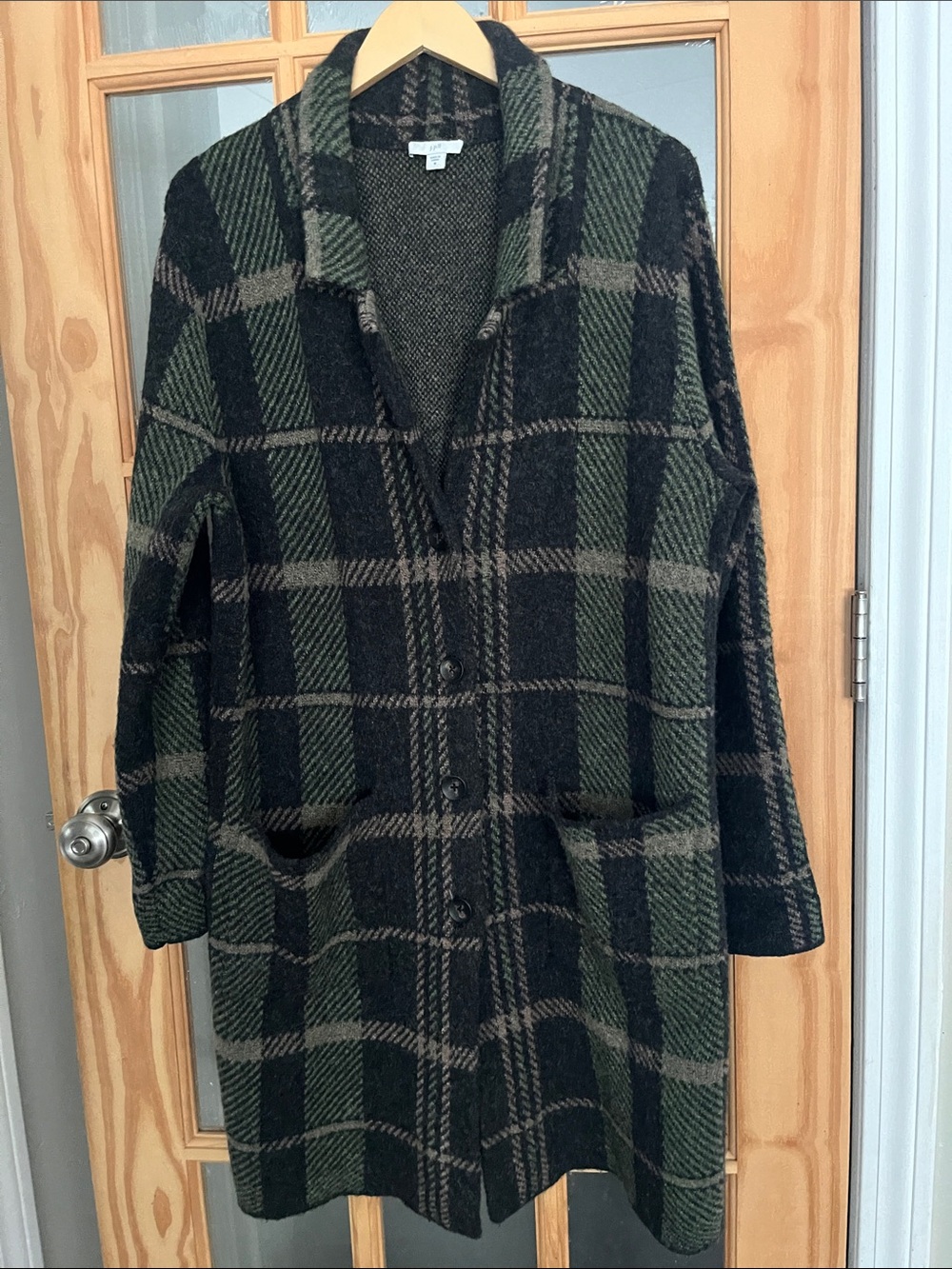 J. Jill Plaid Wool-Blend Long Sweater Jacket Coat, oversized, gray, green, mauve